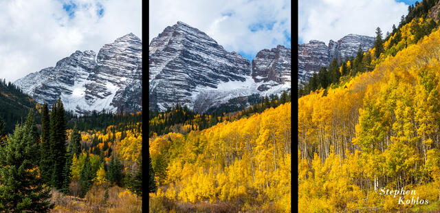 Maroon Bells in fall with snow and golden aspens.