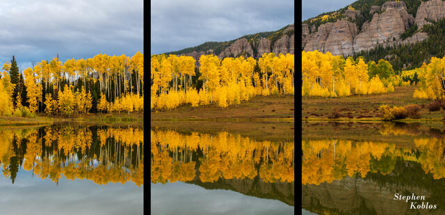 reflection of aspens and mountains on Rowdy Lake.